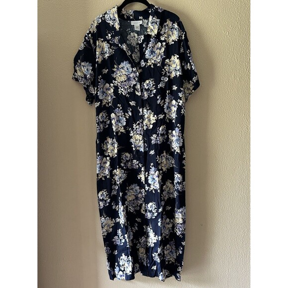 Avenue Maxi Shirt Dress Womens Plus Size 22/24 Black Ditsy Floral Button Up - Picture 1 of 7